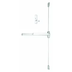 Surface vertical rod exit device with chrome finish, touchbar, and lever trim. Designed for doors up to 3 ft wide, right-hand reverse (RHR). Suitable for commercial egress applications requiring surface-mounted vertical rod hardware.