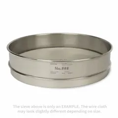 This test sieve has a 12 in outside diameter and 3 in height, with a stainless steel frame and stainless steel screen. It meets ASTM E11 standards and features a US Standard Screen Size of 2.50 in. Used for particle size analysis and material classification in laboratory and industrial settings.