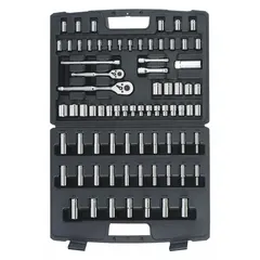 This 75-piece socket set includes 1/4 in and 3/8 in drive tools with deep sockets for both SAE and metric fasteners. Suitable for tightening and loosening fasteners in automotive repair, machinery maintenance, and general assembly tasks.