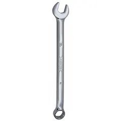 Alloy steel construction with a chrome finish. 16 mm head size, 9 1/2 in overall length, offset design. Used for tightening or loosening fasteners in industrial maintenance, assembly, and repair applications.