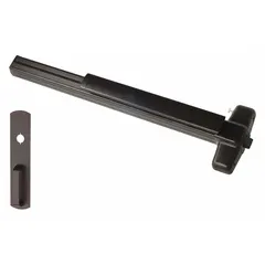 Rim-type exit device with touchbar style, bronze finish, and night latch outside trim. Designed for commercial doors up to 4 ft wide. ADA compliant for accessible egress.