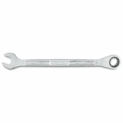 This 12 mm metric spline ratcheting combination wrench features a full polish chrome finish. The spline ratcheting design enables efficient one-sided turning without repositioning, suitable for fastening and loosening fasteners in confined spaces.