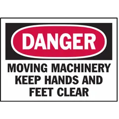 Polyester adhesive signs, 3 1/2 in x 5 in nominal size, 0.01 in thick. Sold in packs of 5. Not retroreflective and does not glow in the dark. Applied directly to machinery or nearby surfaces to warn personnel of moving machinery hazards.
