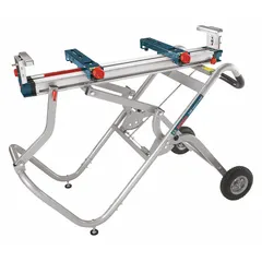 Portable workstation for supporting miter saws during cutting operations. Provides a stable platform for crosscuts, miters, and bevels. Dimensions: 51 1/2 in length, 27 3/4 in width, 48 3/8 in height.