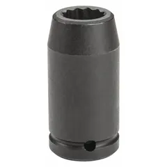 This 3/4" drive impact socket features a 21 mm metric, 12-point, deep configuration with a black oxide finish. It is designed for use with impact tools to fasten or loosen 21 mm fasteners in heavy-duty industrial applications, including automotive, construction, and maintenance tasks.