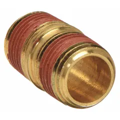 Brass pipe nipple with 3/4 in nominal pipe size, threaded on both ends with Male NPT connections. Overall length of 1 5/16 in. Rated for maximum operating pressure of 1,000 psi and maximum steam pressure of 1,000 psi. Used to connect male NPT threaded fittings in moderate-pressure fluid and steam lines.
