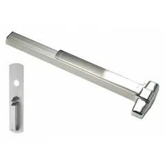 This concealed vertical rod exit device features a touchbar push pad and chrome finish. Designed for doors up to 4 ft wide, it includes a thumbpiece pull outside trim and is ADA compliant. Suitable for commercial egress applications where a clean, concealed rod appearance is desired.