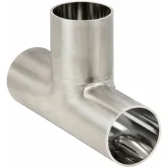 This 316L stainless steel sanitary tee fitting has three 1 in OD weld ends and conforms to ASME BPE standards. It is used in hygienic piping systems to split or combine flow in applications requiring cleanability and corrosion resistance.