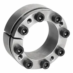Inch-system keyless bushing with multi-screw locking assembly, designed for mounting components such as pulleys or sprockets onto a shaft without keys or keyways. Features a 3 17/32 in outer diameter and 1.673 in width, with no flange. Provides a secure, concentric grip to reduce backlash and maintenance in power transmission applications.