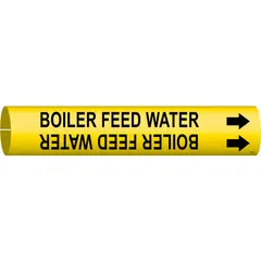 Yellow snap-on pipe marker with black legend reading 'Boiler Feed Water' and directional arrows. Fits pipe outer diameters from 1-1/2 to 2-3/8 inches. Used to identify boiler feed water lines in industrial piping systems for clear visual communication of pipe contents.
