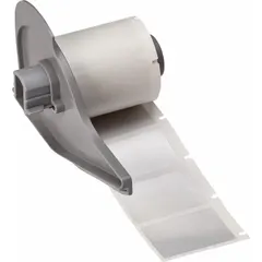 Silver gloss destructible tamper-indicating precut label roll in mixed sizes of 1 1/2 in x 1 1/2 in and 1 1/2 in x 1 in. Compatible with M710 printer series. Used for security seals, asset tracking, and tamper-evident applications where removal leaves a residue.