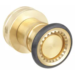 This fire hose nozzle features a brass body with NST threads and a swivel base. It is activated by twisting to adjust between fog and straight stream spray patterns. Suitable for firefighting and industrial water-delivery applications.