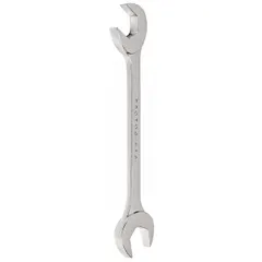 This SAE double-end open end wrench is made from alloy steel with a chrome finish. It has a 1 3/8 in head size and a 13 3/4 in overall length. Used for tightening or loosening hex fasteners in maintenance and assembly tasks.