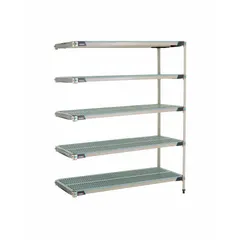This stationary shelving unit is designed for harsh environments requiring antimicrobial resistance. It features five shelves with a 24 in x 60 in footprint and 74 in overall height. Frame and shelving are constructed from 304 stainless steel with antimicrobial properties. Suitable for hygienic storage in cleanrooms, food processing, and healthcare settings.