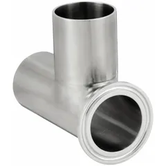 This 316 stainless steel sanitary tee fitting features a short outlet design with three 2 1/2 in OD ends and a clamp/weld connection. It is manufactured to ASME BPE standards for use in hygienic piping systems requiring clean, corrosion-resistant flow paths.