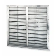 This wall-mount backdraft damper features double-panel construction with flat aluminum blades. Designed for vertical mounting, it allows horizontal airflow in one direction and prevents reverse flow when the system is off. Suitable for exhaust systems requiring a maximum air velocity of 2500 fpm.