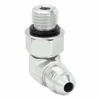 This rigid 90° elbow adapter connects male ORB threads to female JIC ports in hydraulic systems. Made of steel, it is used for routing hoses around obstacles in fluid power applications