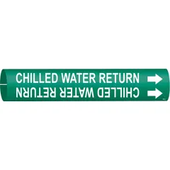 This snap-on pipe marker identifies chilled water return lines in piping systems. It features a green background with white legend text and directional arrows. Fits pipe outer diameters from 3/4 to 1-3/8 inches. Supplied as a single marker.
