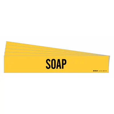BRADY Pipe Marker: Soap, Yellow, Black, Fits 8 in and Larger Pipe O.D., 1 Pipe Markers - Soap Adhesive Pipe Markers
