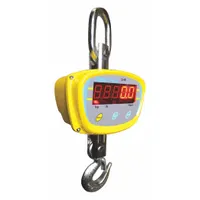 Digital crane scale with 1000 lb capacity and 0.1 kg readability. Aluminum housing with wireless remote indicator for suspended weighing in industrial material handling and warehousing. Includes remote control. FCC compliant