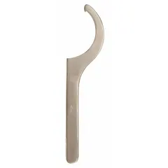 Fixed-hook spanner wrench designed for tightening or loosening round locknuts and retaining rings with face notches. Nonsparking construction suitable for use in environments where spark-free tools are required. Hook thickness 5/16 in, overall length 11 1/4 in.