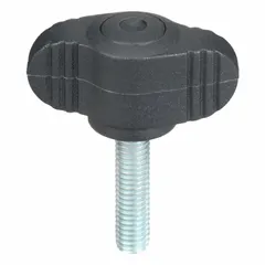 Wing knob with threaded stud, 28 mm diameter plastic body and steel #10-32 thread, 20 mm thread length. Used for manual clamping, adjustment, and positioning on machinery, jigs, and fixtures, providing hand-operated grip without tools.