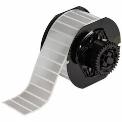 Acrylic permanent adhesive label roll with precut 1/2 in x 2 in labels, 2500 per roll. Designed for use with i5300 printer series. Suitable for industrial identification and marking on equipment, panels, and assets in manufacturing, electrical, and facility environments.