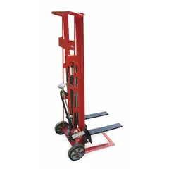 This fork-over stacker has a 750 lb capacity and features adjustable forks with a width range of 7 in to 21-7/8 in. Forks measure 18 in length by 3 in width. Overall dimensions are 30 in length, 21-7/8 in width, and 60-1/2 in height. Used for lifting and moving palletized loads in warehouses and distribution centers.