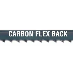 Carbon steel band saw blade with flex-back design for curved wood-cutting. Blade width 3/8 in, thickness 0.03 in, length 7 ft 9-1/2 in, 14 teeth per inch. Suitable for precision contour cutting in woodworking applications.