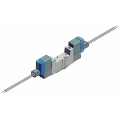 Five-way, two-position directional control valve from the SYJ3000 series. Double solenoid actuation with plug-in connection for 24V DC operation. Die cast zinc body. Used in automated pneumatic systems to direct compressed air in manufacturing, packaging, and material handling applications.