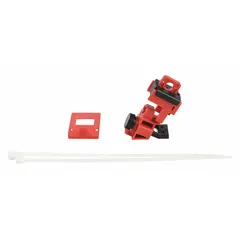 This clamp-on lockout device is designed for single-pole circuit breakers rated 120/277V AC. It includes a cable tie slot for use with standard nylon cable ties, enabling secure lockout/tagout procedures during electrical maintenance.