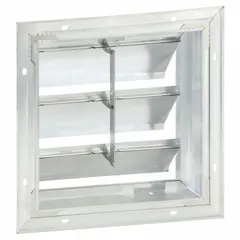 This wall-mount backdraft damper prevents reverse airflow when the fan is off. It features a single-panel flat blade design with extruded aluminum construction. The damper measures 15 inches in height and width with a 3-inch depth, supports horizontal airflow, and mounts vertically. Maximum air velocity is 3250 fpm.