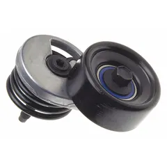 Self-adjusting belt tensioner for light-duty belt drive systems. Features a single steel pulley with a 3-inch outside diameter. Maintains proper belt tension automatically to reduce wear on belts and pulleys.