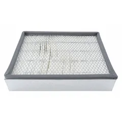 Rectangular panel cabin air filter with cellulose media. Includes gasket for sealing. Designed for use in Caterpillar buses to filter cabin air.