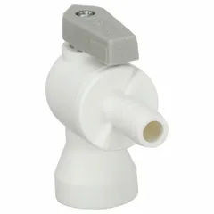 This Parker manual two-way ball valve features a polypropylene angle body with one-piece construction. It has a 3/8-inch barb x FNPT connection and a lever handle. Suitable for low-pressure fluid systems requiring corrosion resistance, it is commonly used in chemical handling and industrial piping applications.