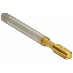 This thread-forming tap creates internal threads by displacing material, producing stronger threads in ductile materials such as aluminum and mild steel. It is suitable for chip-free threading in through or blind holes, with a bottoming chamfer for threading close to the bottom of a hole. The TiN coating reduces friction and extends tool life.