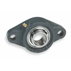 This flange-mount ball bearing features a 15/16 in cylindrical bore and a cast iron housing with set screws for shaft retention. It is not split and is pre-lubricated with Chevron SRI 2 grease. The bearing has a 4 7/8 in length and uses 7/16 in mounting bolts. Suitable for supporting rotating shafts in industrial machinery where compact, rigid mounting is required.