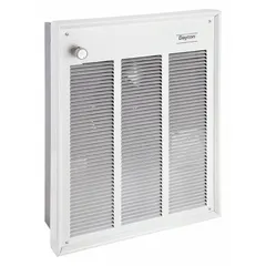 This large recessed electric wall heater operates at 1500 W on 120V AC, single-phase power. It features a white grille and is non-programmable. Suitable for primary or supplemental heating in commercial and industrial spaces such as offices, workshops, and warehouses. Rough-in dimensions: 18-1/4 in x 14-5/8 in x 3-7/8 in.