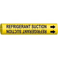 Yellow pipe marker with black legend text reading 'Refrigerant Suction' and directional arrows. Snap-on design fits pipe outer diameters of 4 to 6 inches. Used to identify refrigerant suction lines in industrial piping systems for HVAC and refrigeration applications.
