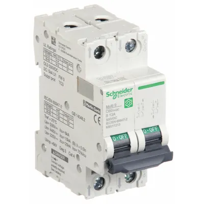 SCHNEIDER Supplementary Protector: 13 A Amps, 500V DC, 5kA at 250V DC, Screw Clamp - DC-Only Rated, 2-Pole UL1077 DIN Rail-Mount Supplementary Protectors