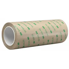 This differential adhesive transfer tape features a 300MP+ face adhesive and a 300LSE back adhesive on a polycoated kraft paper liner. It provides a permanent bond for joining dissimilar materials, such as in gasketing, nameplate attachment, and electronics assembly. The tape is 4 inches wide, 5 yards long, and 6.7 mil thick, supplied as a 2-pack.