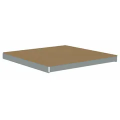 This TENNSCO shelf kit includes a gray particleboard deck and two zinc-plated steel angle beams. Designed for boltless shelving systems, it provides a single straight shelf configuration for storing boxes, parts, or other items in warehouses and industrial storage areas.