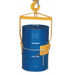 This manual-tilt drum lifting hook is designed for vertical lifting and controlled dispensing of 55-gallon drums. Constructed with a steel body, it supports up to 800 lb and is suited for industrial material handling tasks requiring safe drum rotation and pouring.