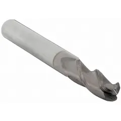 This carbide ball end mill features a TiCN coating for wear resistance and three flutes for efficient chip evacuation. With a 3/8" mill diameter, 1" length of cut, and 2-1/2" overall length, it is suited for general-purpose milling operations such as 3D contouring, slotting, and profiling in mold and die work.