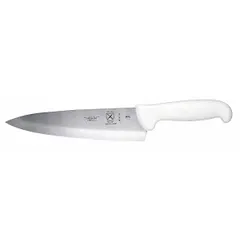 This 8-inch chef's knife features a stamped steel blade with a hollow-ground edge for precise slicing and dicing. The white polypropylene handle provides a secure grip. NSF certified for sanitation in foodservice environments.