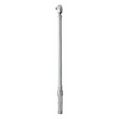 Ratcheting micrometer torque wrench with 3/8 in square drive, adjustable from 16 to 80 ft-lb. Tether capable for drop prevention. Used for precise torque application on fasteners in industrial assembly, maintenance, and repair.