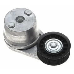 Self-adjusting belt tensioner for maintaining proper tension in serpentine or accessory drive belts on light-duty vehicles and equipment. Features a single thermoplastic pulley and is rated for light-duty performance. Helps prevent belt slippage and extends belt life.