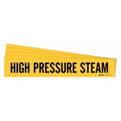 Yellow adhesive pipe marker with black legend reading 'High Pressure Steam', designed for pipe outer diameters from 2-1/2 to 7-7/8 inches. Supplied in a 5-pack without directional arrows, this marker is used to identify high-pressure steam lines in industrial piping systems.