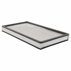Rectangular panel cabin air filter with cellulose/paper media. Includes two gaskets for secure installation. Designed for use in construction equipment cabins to filter airborne particles.