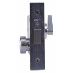 This BEST classroom lever lockset features a satin chromium-plated finish and an interchangeable core. It is designed for ANSI F05 function, allowing free egress from inside while requiring key access from outside, suitable for interior classroom doors in educational settings. This model is not ADA compliant and is not ligature-resistant.